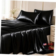Satin Sheets 4-Piece 14-Inch Deep Pocket Sheet Set Queen Black