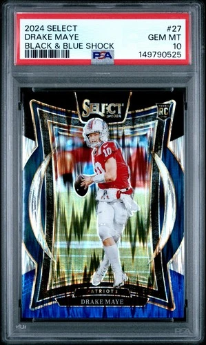 2024 Panini Select Drake Maye BLACK & BLUE SHOCK Prizm Rookie RC #27 PSA 10 GEM