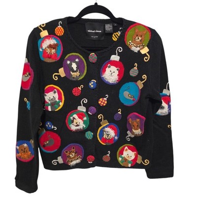 Vintage Michael Simon Cat Cardigan Christmas Sweater S 90s Embroidered Whimsical