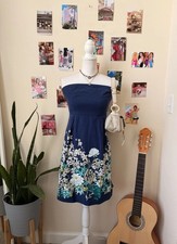 Woman’s Y2K Old Navy Floral Navy Blue Strapless Dress Size 8