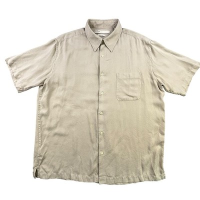 g.t90s【PERRY ELLIS】silk100%shirt Perry Ellis Silk Shirt Men's L Beige Tan Short Sleeve Geometric