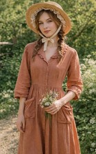 April Cornell Button Front 100% Cotton Peasant Boho Cottage Core Midi Dress Sz L