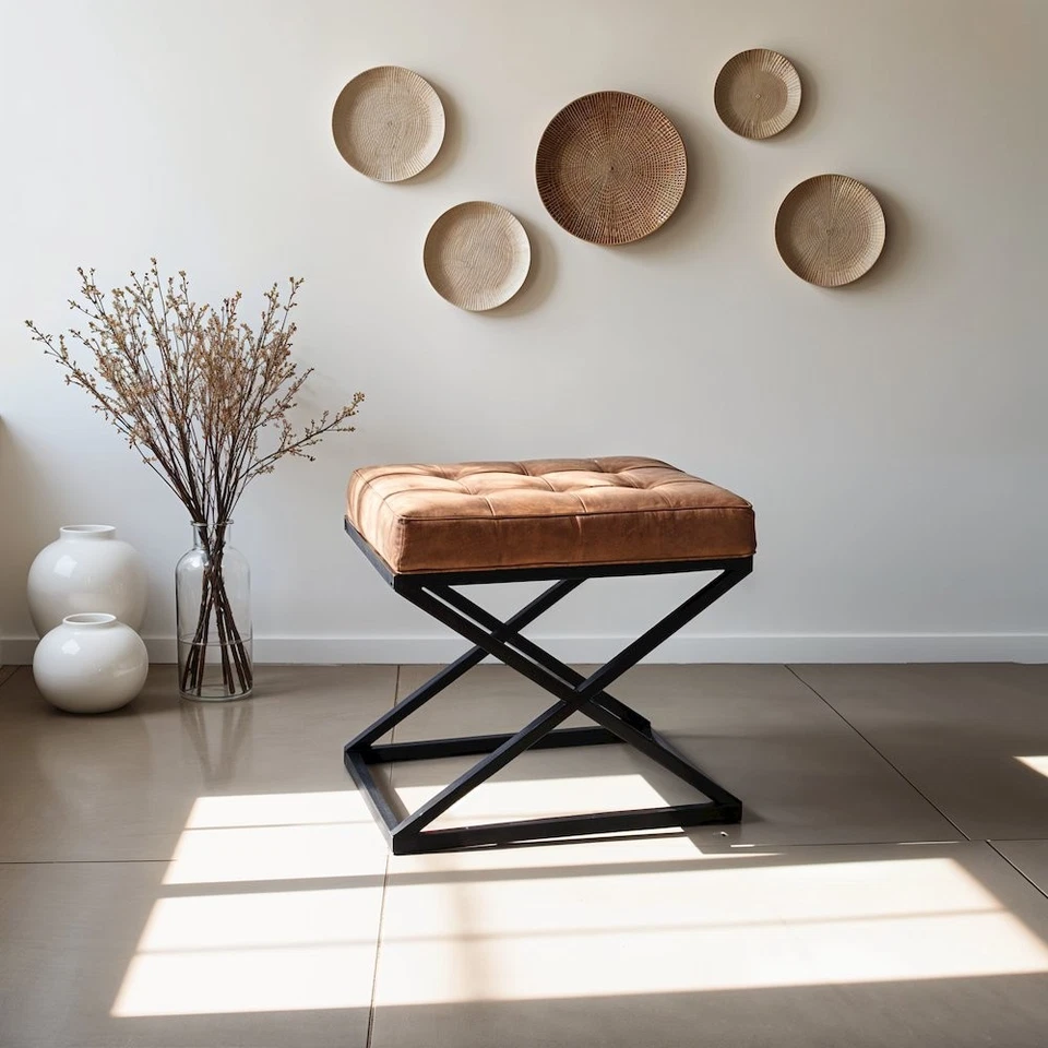 Distressed Brown Genuine Leather Ottoman Stool with Metal and MDF Base - Image 3 of 4