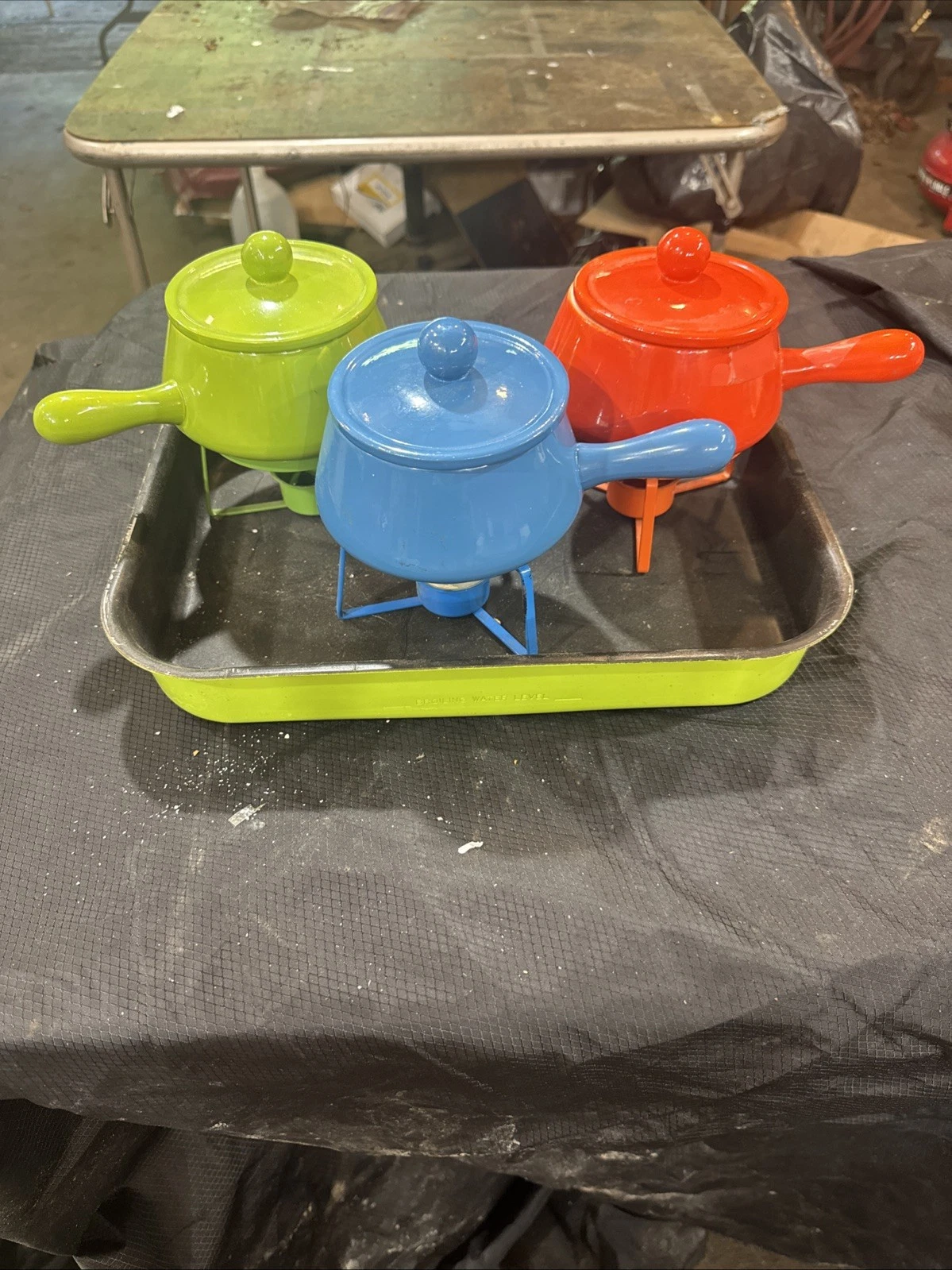 3 Vintage Mid Century Fondue Pots W/bottoms Cera-Fire Colorware Japan