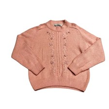 Bramble Lane M Silk Angora Lambswool Faux Pearls Pink Granny Sweater Cable VTG