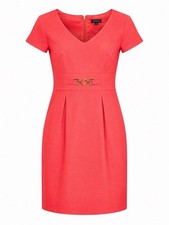 Tahari Womens Sheath Dress Size 6 Coral V Neck Short Sleeve Gold Belt Career