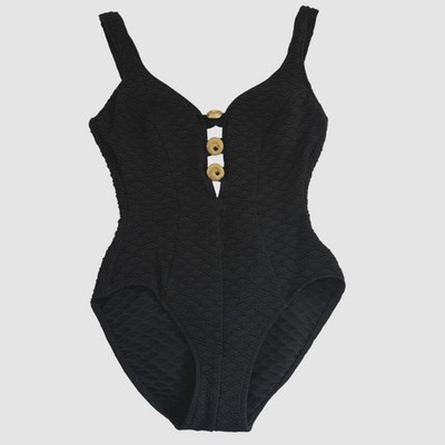 Vintage Mainstream One-Piece Swimsuit Bathing Suit Black Gold Sz 8 Glam 80s 90s