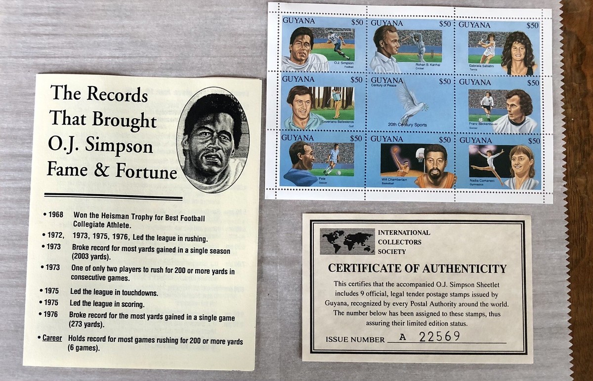 1993 O.J. SIMPSON GUYANA 9 STAMP SPORTS SHEETLET + 7 OTHER