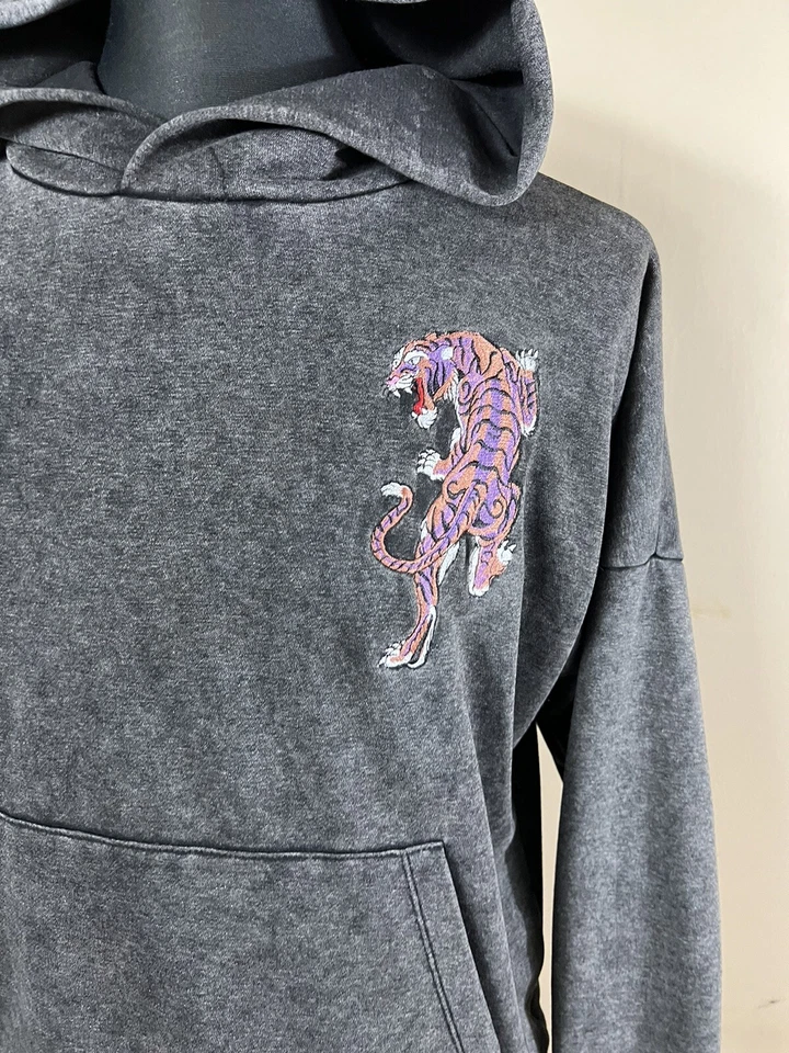 EPTM S Small Hoodie Sweatshirt Mens Gray Embroidered Tiger Rare Pocket L/S B1 - Image 3 of 4