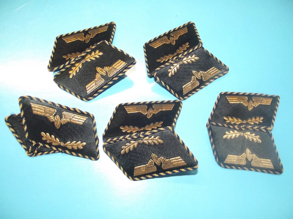 5 Paar Reichsbahn Kragenspiegel Flügelrad mit Eichenlaub Gold Stickerei