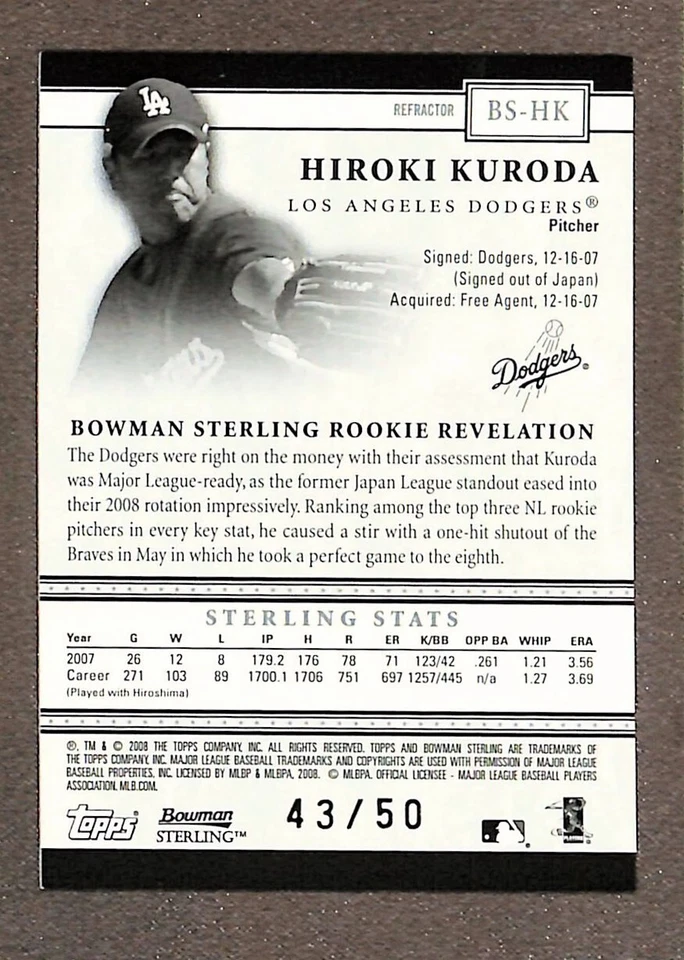 2008 Bowman Sterling Gold Refractor #BS-HK Hiroki Kuroda Rookie /50 - Image 2 of 3