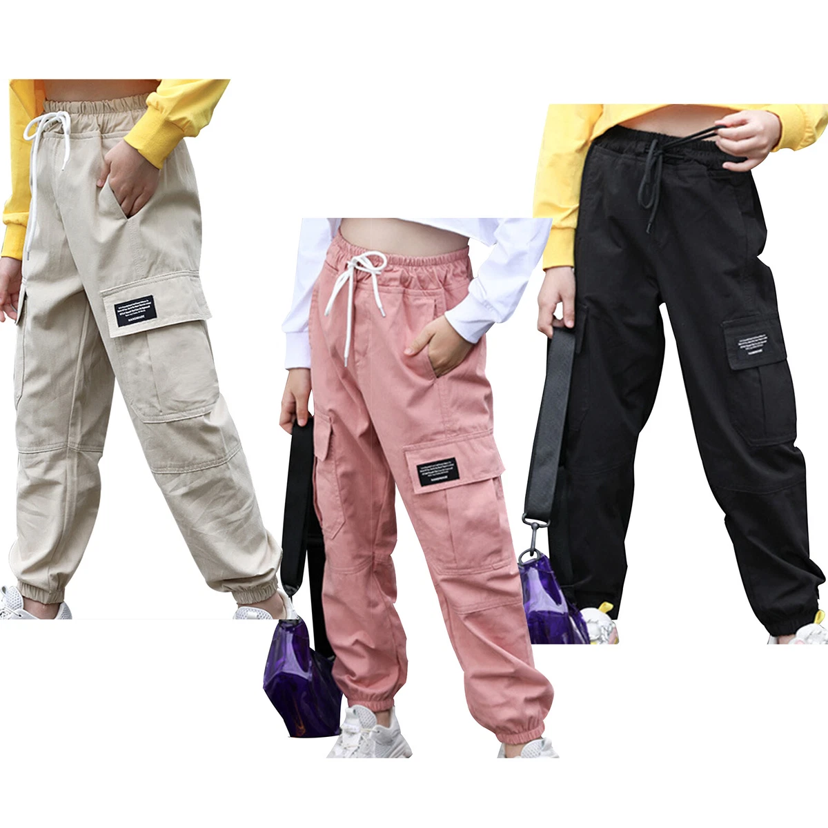 Kids Girls Cargo Pants Fashion Casual Trouser Solid Elastic Waistband  Drawstring