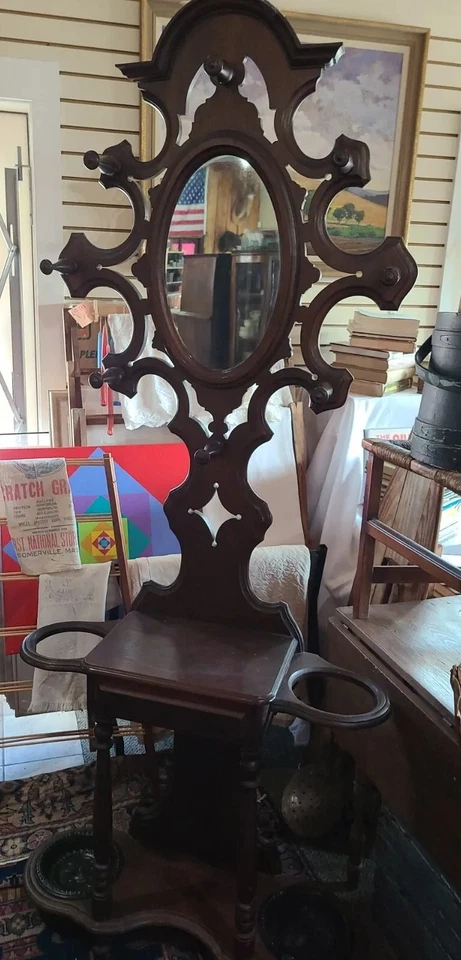 ANTIGUO HALL ÁRBOL Y SOPORTE PARAGUAS CON ESPEJO Foto 2 de 4