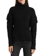 Ralph Lauren Sweater Fringe Trim Aran Knit Turtleneck Wool Blend NWT 225 L