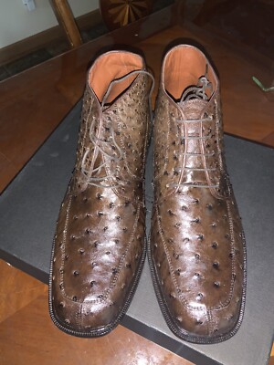 Los Altos Genuine Brown Ostrich Dress Ankle Boots Leather Outsole High Top D