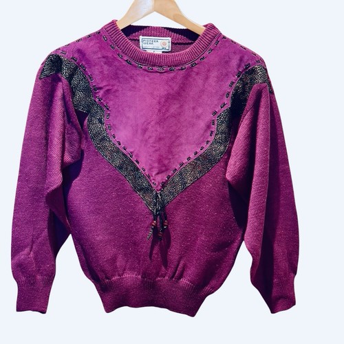 Maglione western vintage anni 80 Pioneer Wear taglia S scamosciato bordo giogo punto superiore vino/bk - Foto 2 di 9