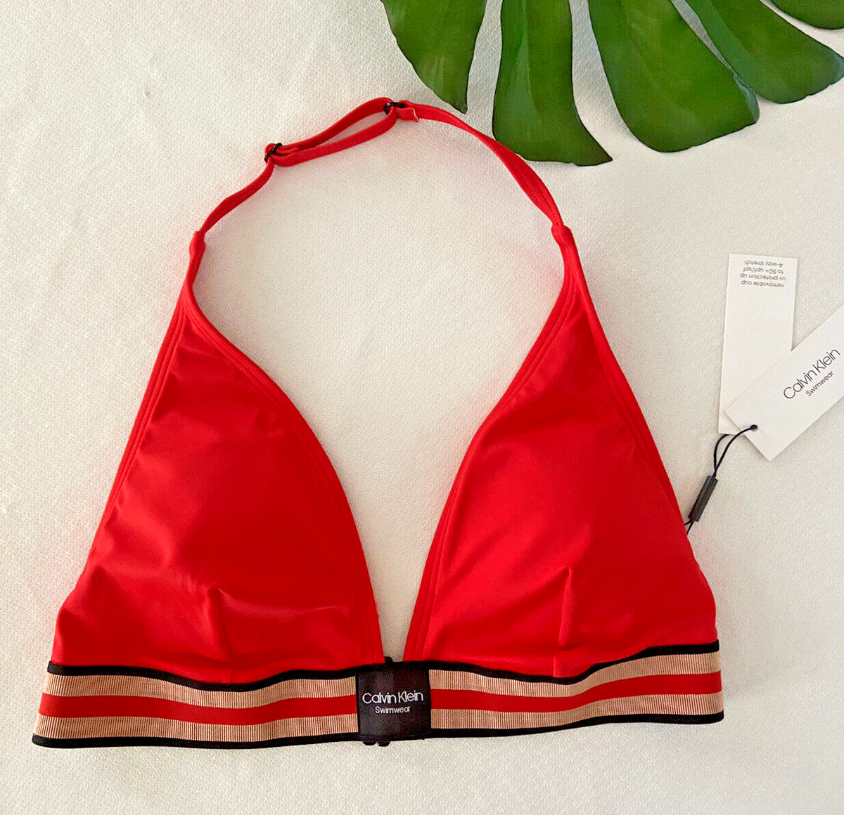NWT Calvin Klein Womens L RED Logo Halter Bikini Top CK SWIM Hard