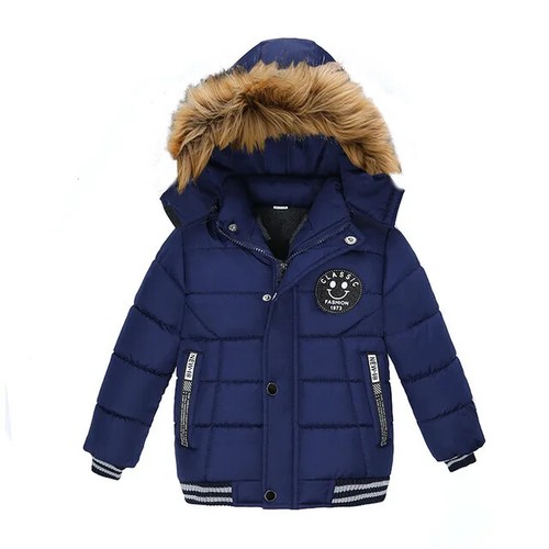 Autumn Winter Boys Jacket Color Thicken Hooded Zipper Fur Collar Kids Keep Warm - Picture 14 of 27