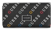 NEW GUESS Women's Abree Black Rainbow Multi Logo Print Large Organizer Wallet
