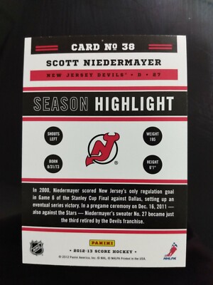 Score Panini 2012-2013 Hockey Card #38 Scott Niedermayer Team New