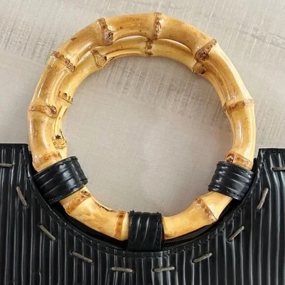 Caribbean Joe Negro con Asas de Bambú Imitación Bolso Cuadrado Bolso de Mano Cartera Bolso de Mano Foto 3 de 4