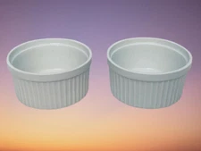 Stoneware Pair White Ribbed Mini 3.5" Dipping Desert Custard Ramekins Cups Bowls