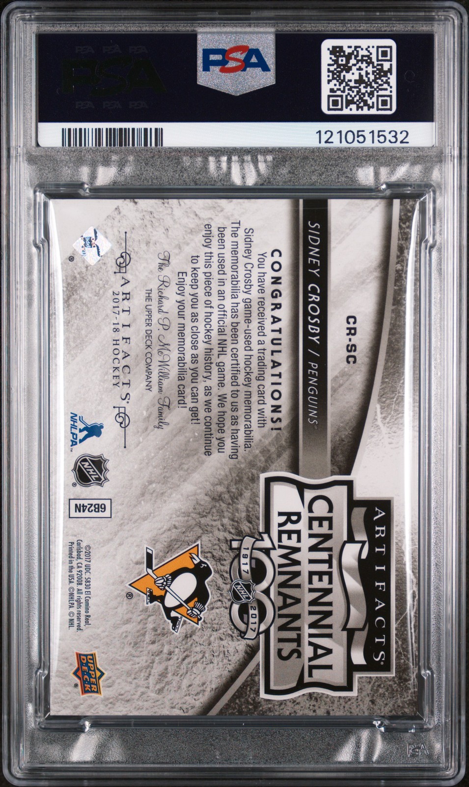2017 UPPER DECK ARTIFACTS CENTENNIAL REMNANTS RED SIDNEY CROSBY 2/10 PSA 7 view 2