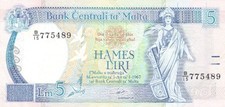 #Central Bank of Malta 5 Liri 1989 P-42 XF Torri ta  l-Istandard