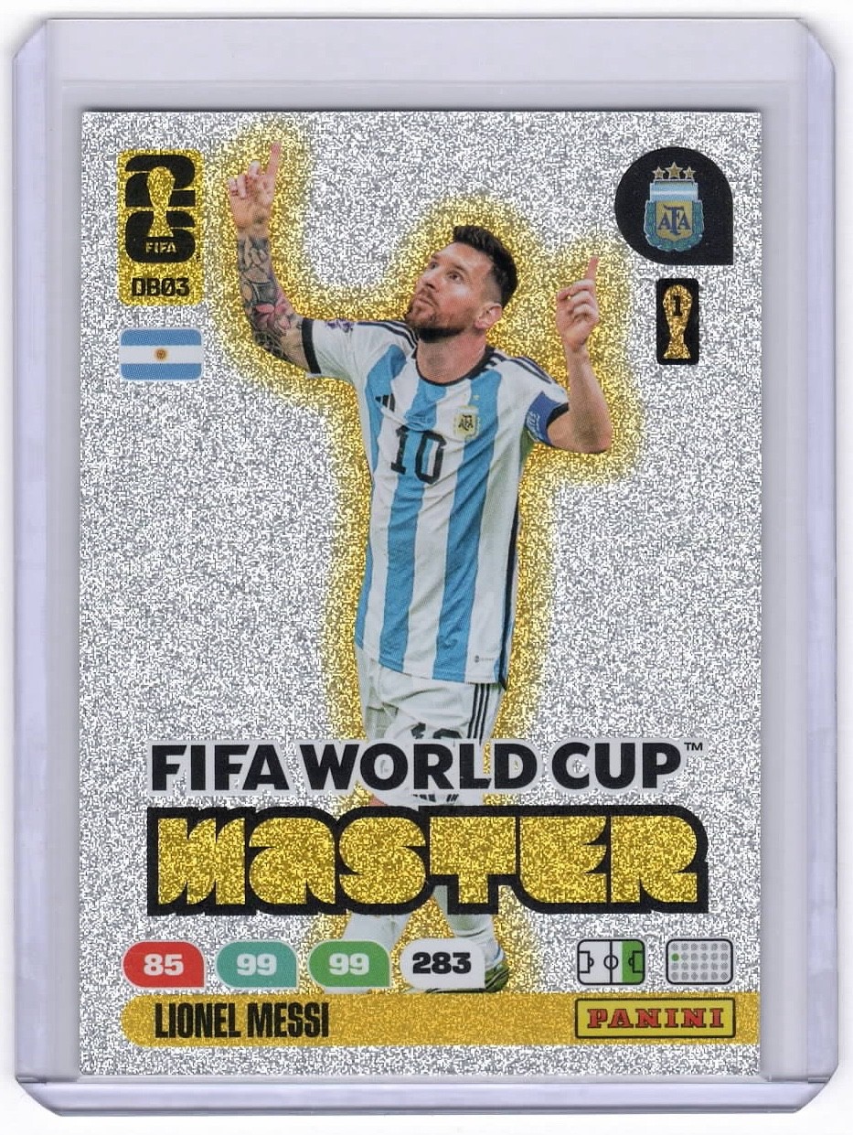 Lionel Messi #DB03 Soccer Cards 2026 Panini Adrenalyn XL FIFA World Cup Master trading card — raw and PSA graded price guide