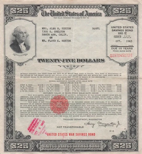 USA / 10 Years  US War Saving Bond  $25  10.9.1943  Series E  WW II Issue 8 by 9