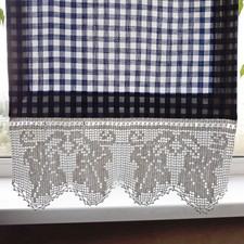 Tenda cucina cotone bianco blu a scacchi uncinetto pizzo bordo uva vintage