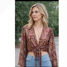 Image of Evergreen Guardian Paisley Tie Front Top Red Boho Bell Sleeve One Size NWT