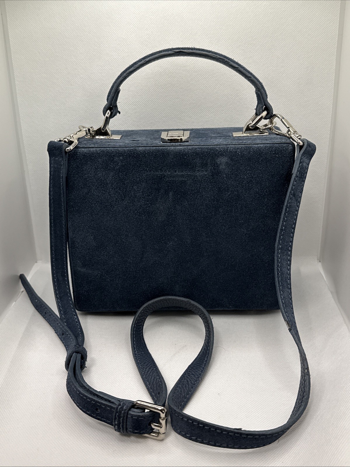 Brandon Blackwood Suede Trunk Bag Blue Silver Hardware Box Purse Excellent