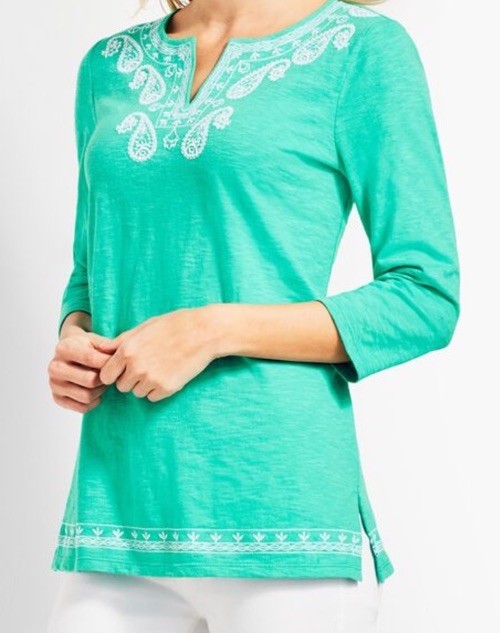 Talbots Sz Small Cotton Embroidered Split Neck Tu… - image 2