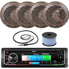Pyle PLMRB38B Bluetooth Boat Stereo, 4x 6.5'' 150W Camo Speakers, Antenna, Wire