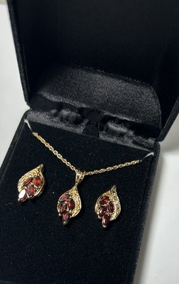 Gold Coast 3 pc garnet set necklace and earring Gift boxed for her New