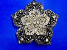 Six Petal Floral Rhinestone Accented See Through Openwork Statement Belt Buckle