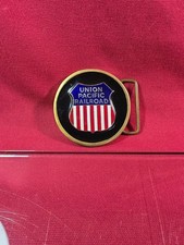Vintage Union Pacific Railroad Belt Buckle Western Round Enamel Brass