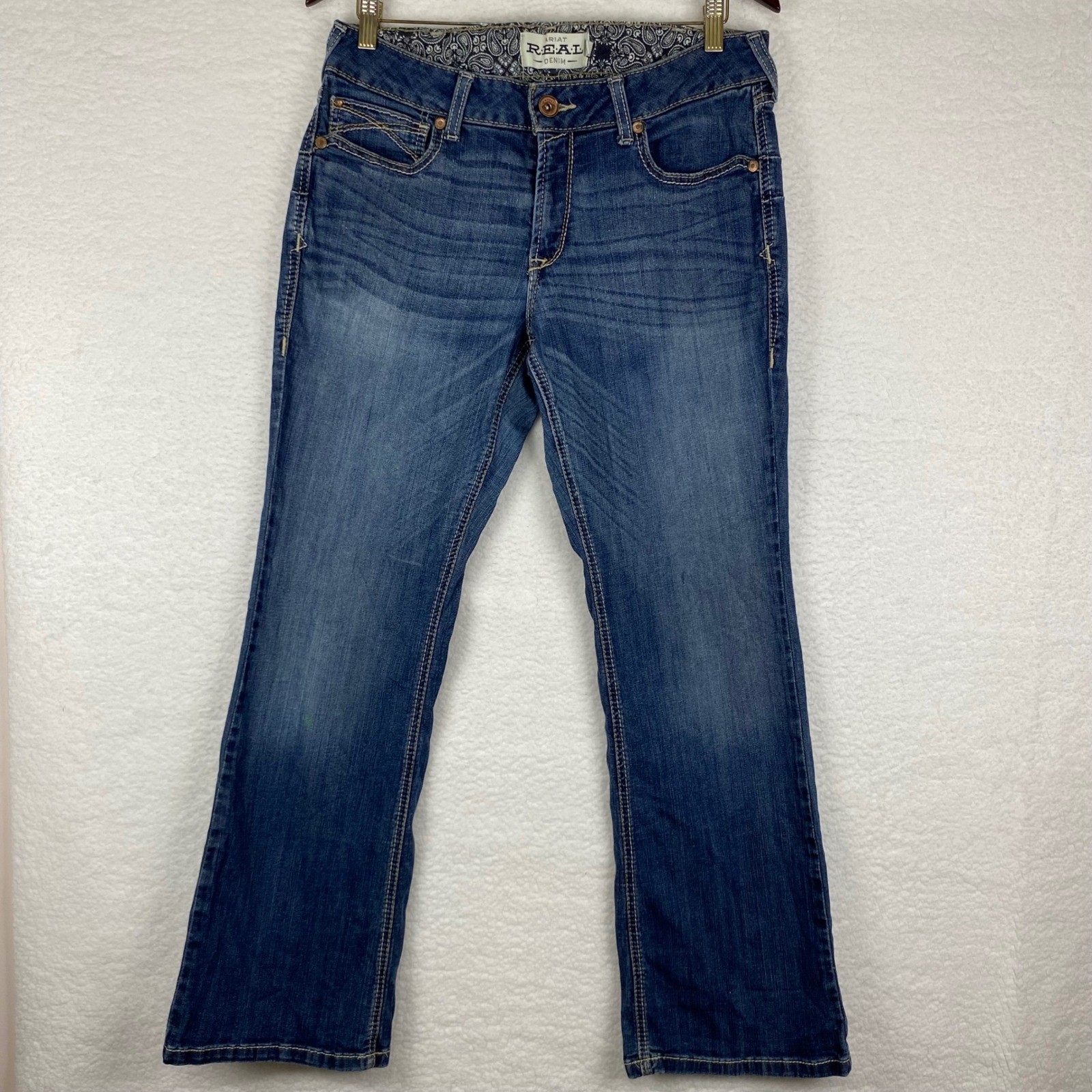 Ariat REAL Denim Womens 32S Medium Wash Bootcut Stretch Jeans Blue Mid Rise