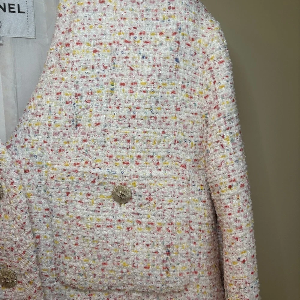 Autentica giacca tweed CHANEL 25P CC logo bottoni multicolore glitter FR 36