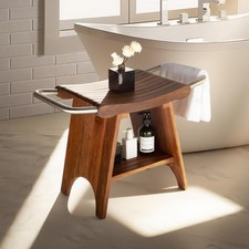 Teak Shower Bench with Stainless Steel Handle for Seniors, Heavy Duty Solid W...