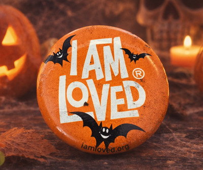 I Am Loved  Halloween Pinback Button Orange Bats iamLoved.org Vintage Style