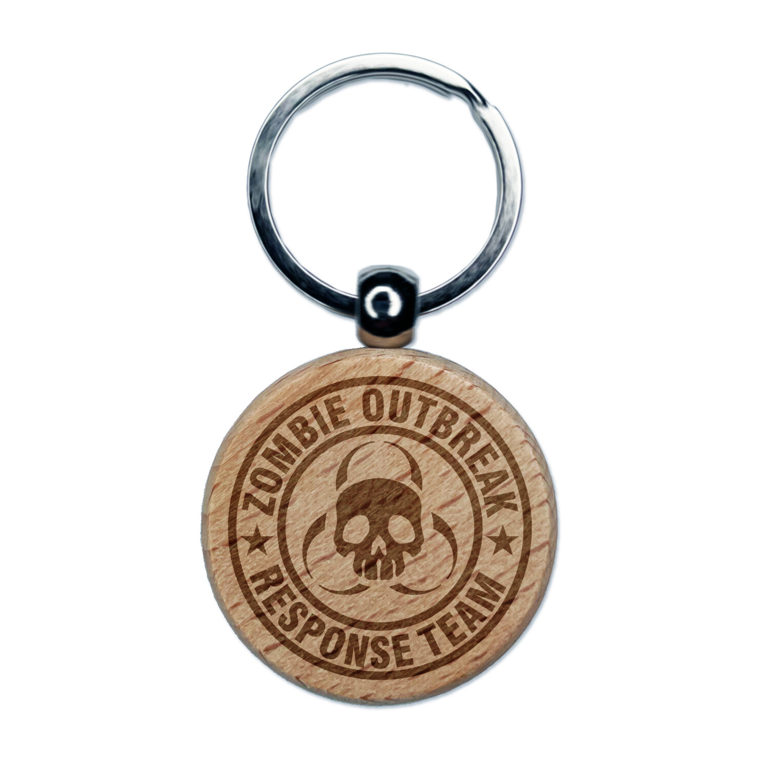 Zombie Outbreak Response Team Skull Engraved Wood Round Keychain Tag Charm