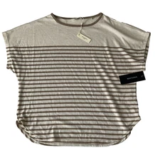 Max Studio Daily Look Blouse Top Women Size M Brown Stripes Stretch Short Sleeve