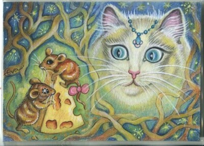 Aceo Christmas Snow Queen White Cat Blue Eye Mice Swiss Cheese Original Painting