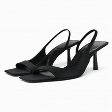 Women Square Open Toe Stiletto Heels Slingback Sandals Satin Prom Shoes Sandals