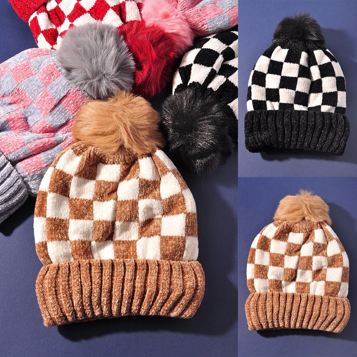 NEW Checkerboard Checked Super Soft Velour Cozy Fleece Lined Pom Pom Beanies Hat