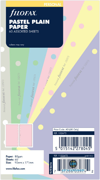 Filofax Personal size Pastel Plain Paper Assorted Colours Insert Refill 132673