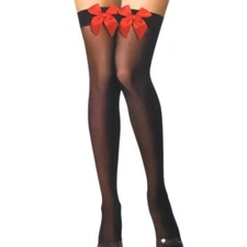 Sexy Black Sheer Thigh High Hold-ups with Red Satin Bows  One Size 