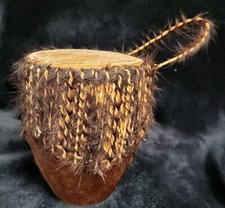VTG Animal Skin Hand Drum Animal Fur Folk Art Tribal  Bongo With Rattle Inside